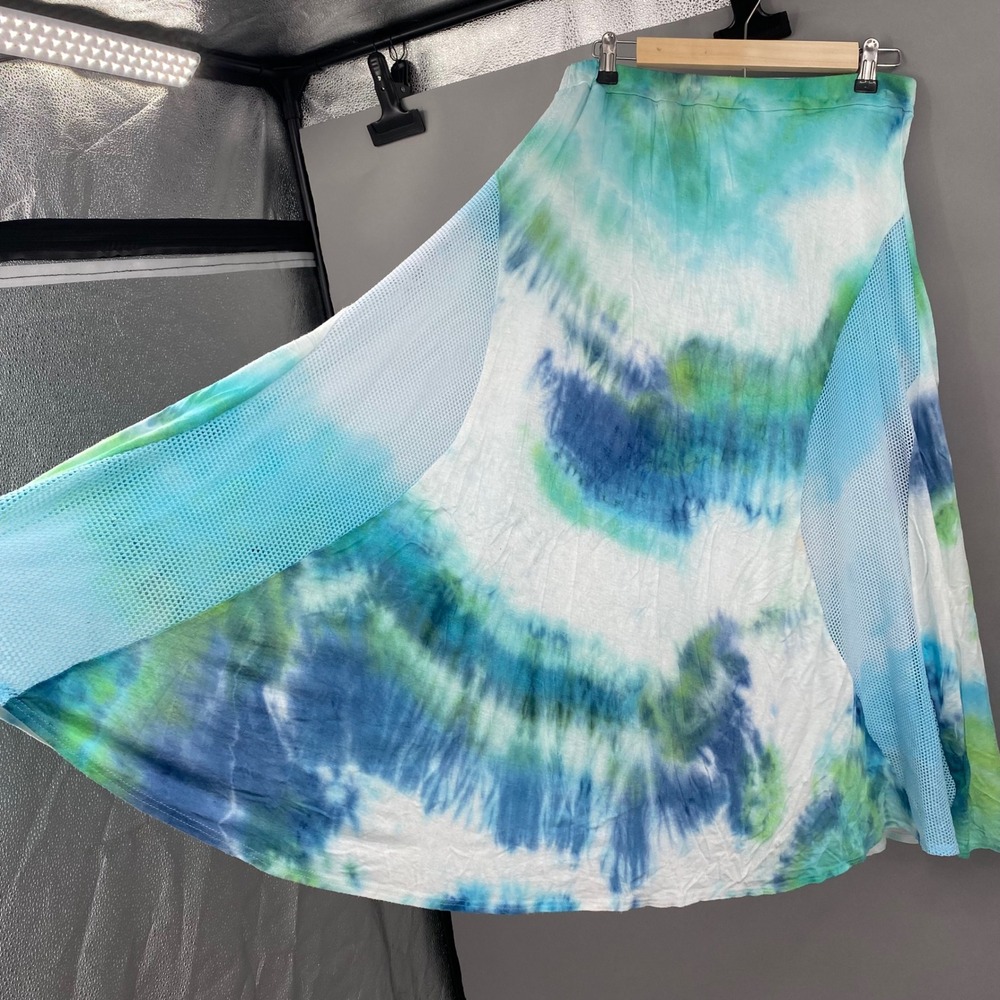 Jason Maxwell Tie Dye Maxi Skirt Blue Green White Mesh Panel Boho Festival Large